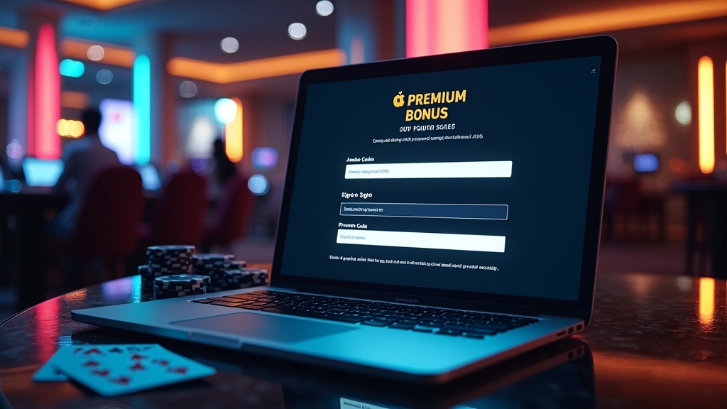 Jogador a inserir código promocional no registo de um casino com luzes neon