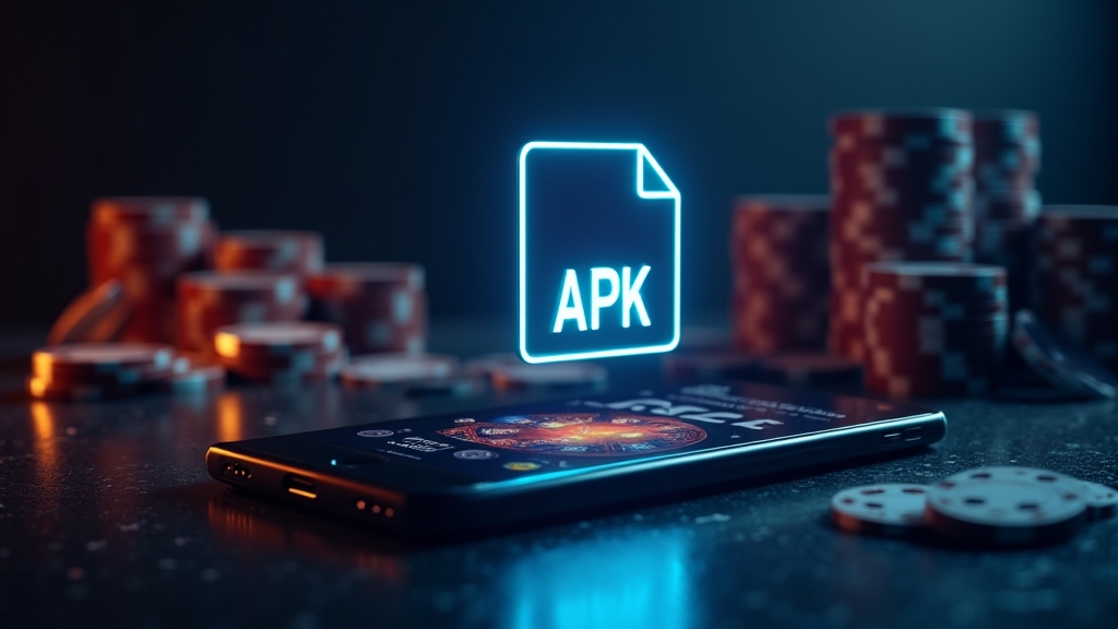 Ficheiro APK do Lazybar App ao lado de um telemóvel com visual de casino