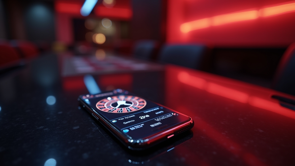 iPhone com ecrã de acesso ao Lazybar App em ambiente de casino
